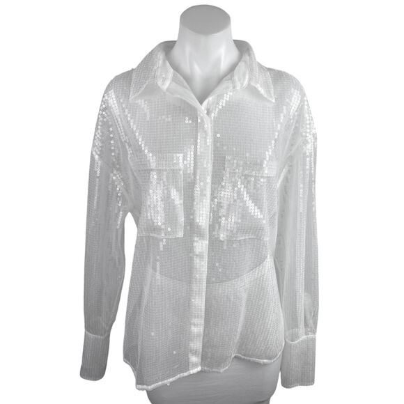 Chosen by KYHA Team 24 White Sequin Pockets Button Down Sheer Blouse Shirt Top L - Picture 1 of 7
